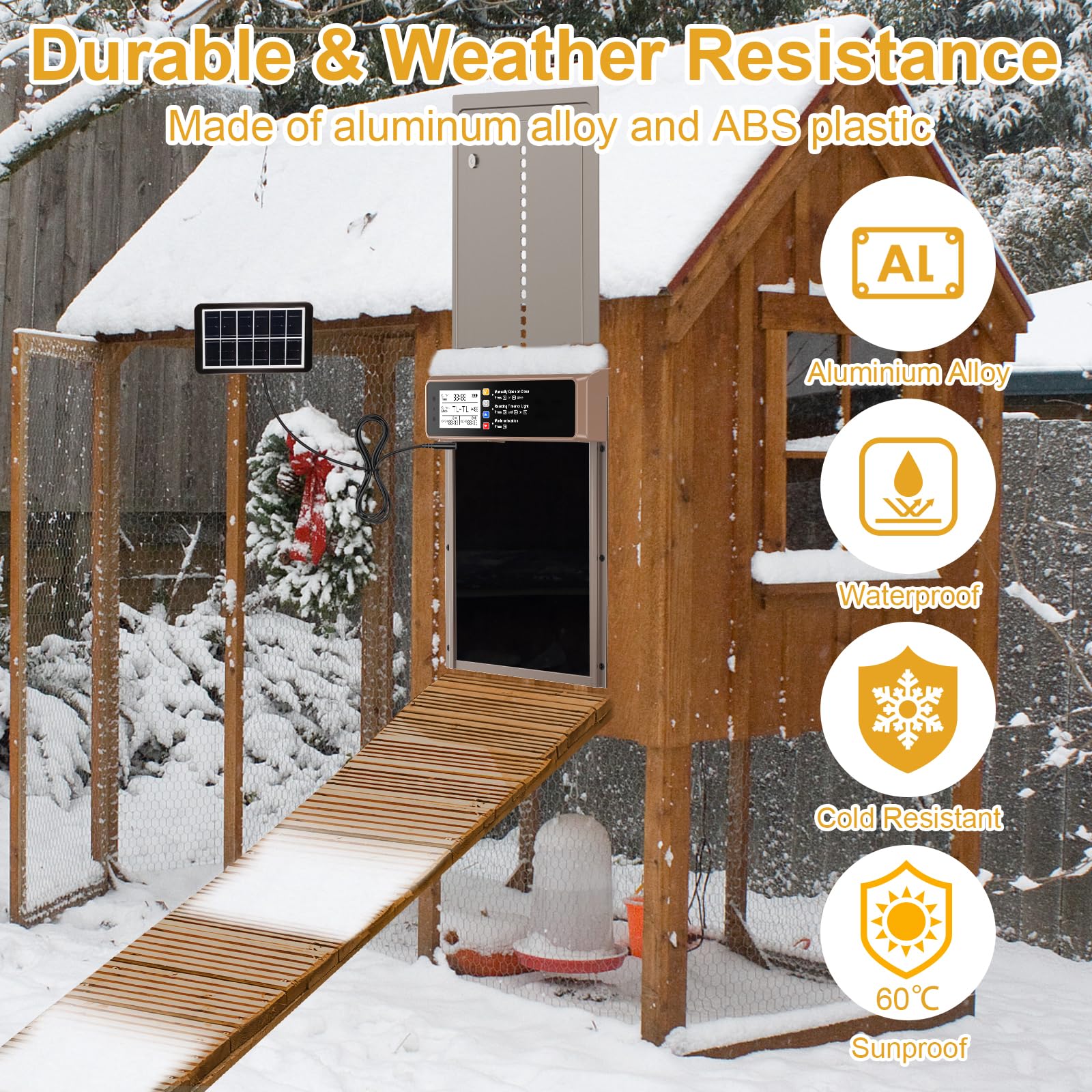NyPots installed on a wooden coop, convenient hands-free chicken management