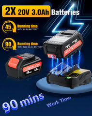 Nyveyoo two 20V batteries and fast charger highlighting runtime benefit