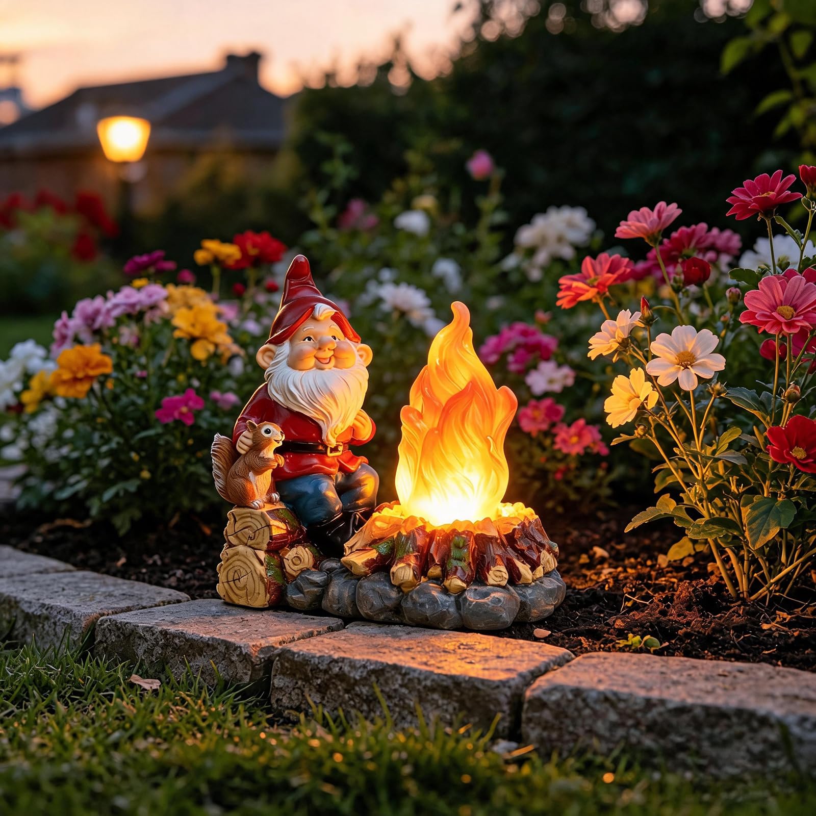 O-FarFarm gnome lit at night creating cozy ambient garden light benefit