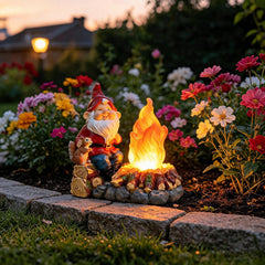 O-FarFarm gnome lit at night creating cozy ambient garden light benefit