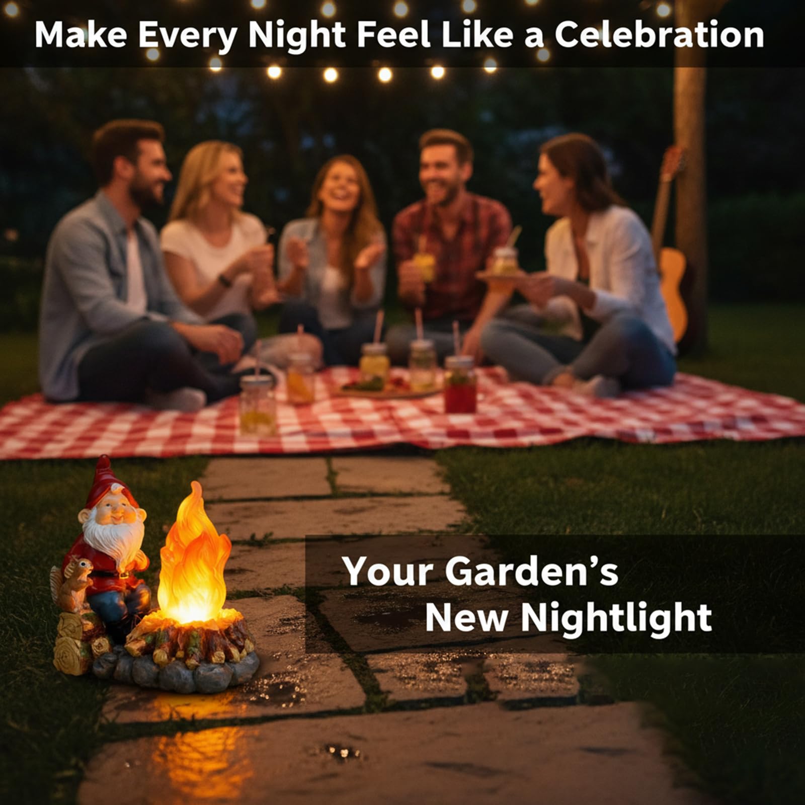 O-FarFarm gnome on porch step illustrating easy placement benefit