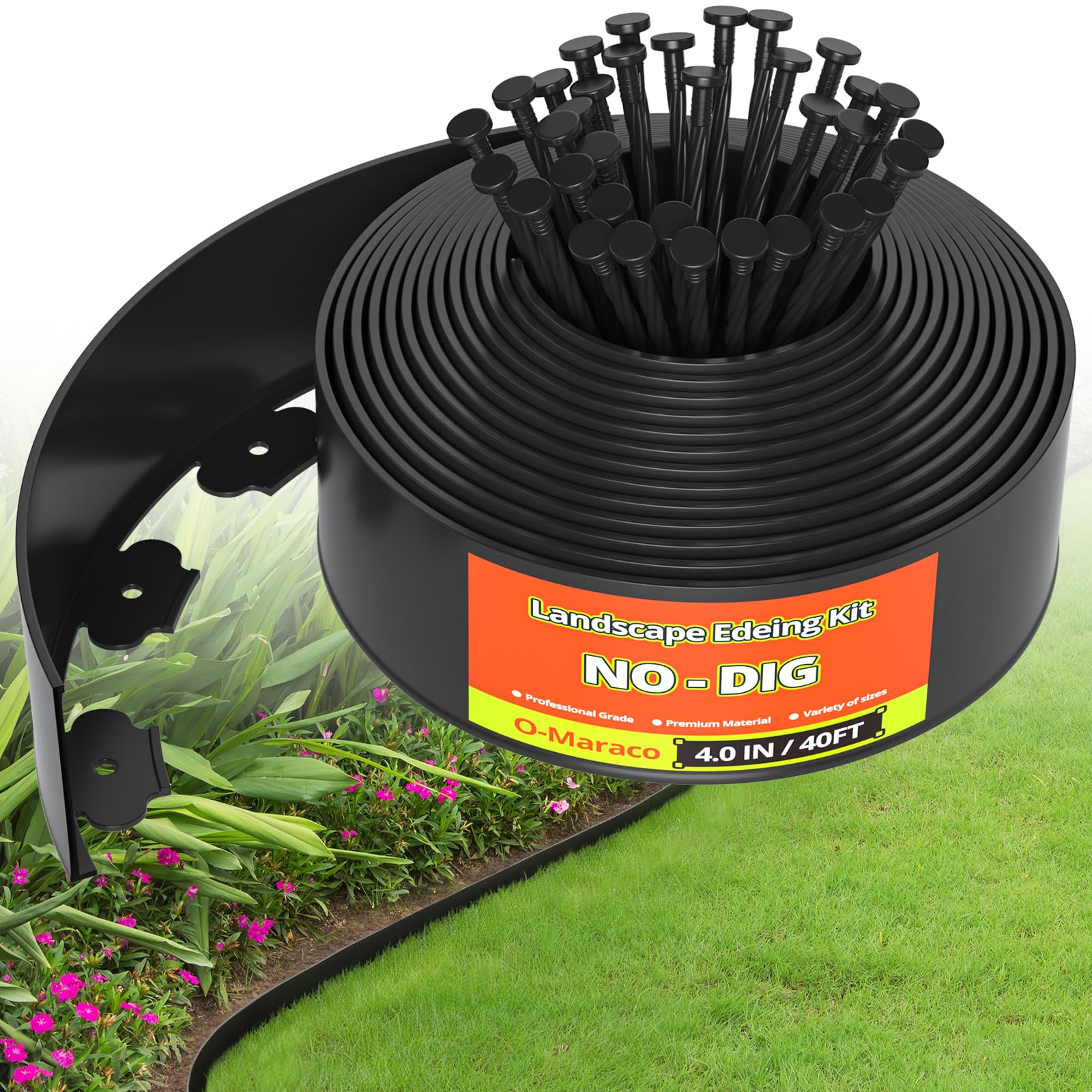 O-Maraco front view of 40ft edging roll showing compact packaging and quick install benefit