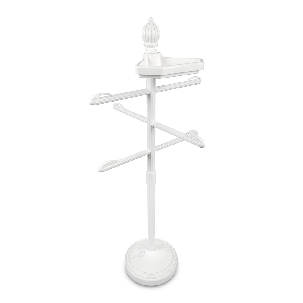 O2COOL front view of white valet showing three adjustable towel bars and stability benefit