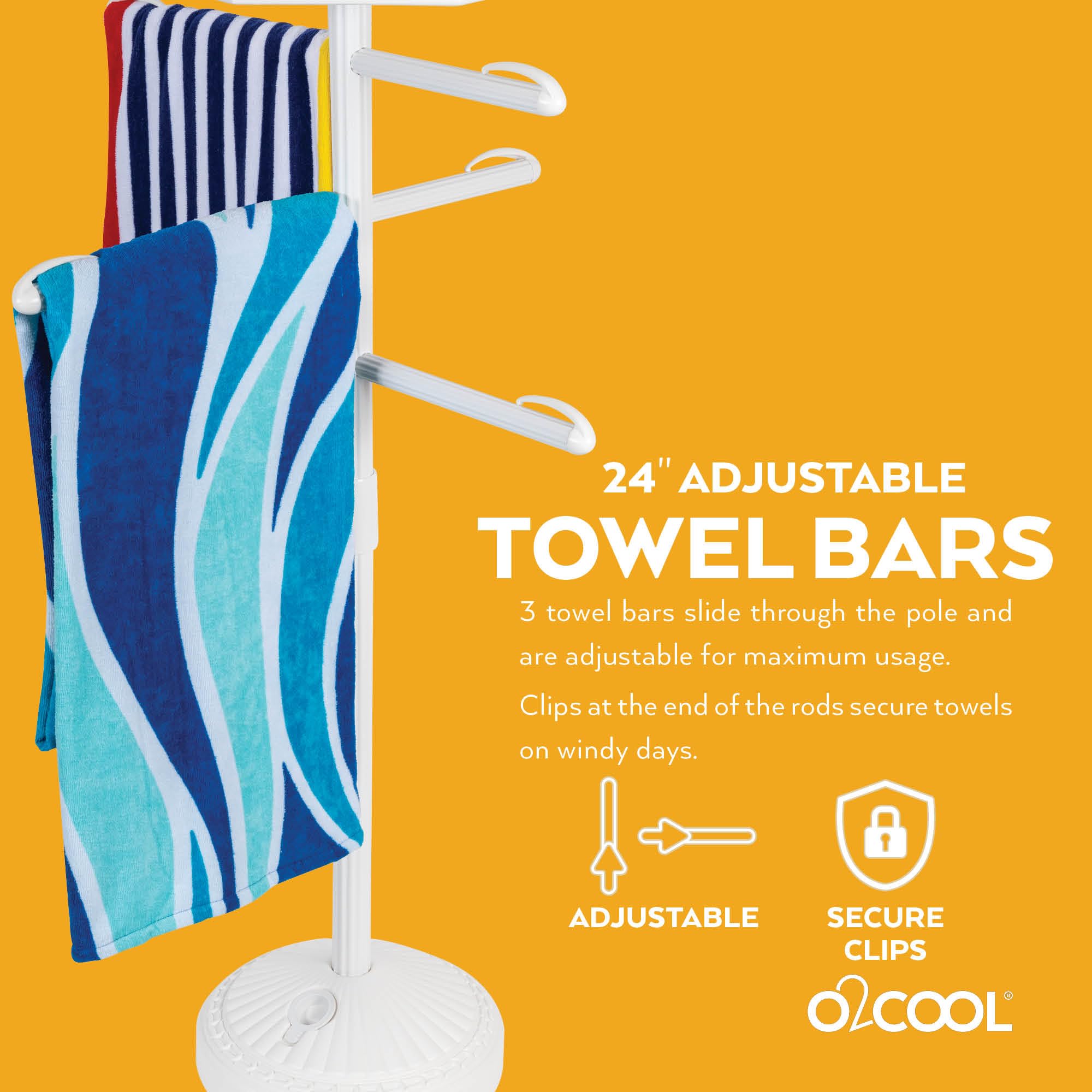 O2COOL swivel accessory table open with sunscreen, offering easy reach benefit
