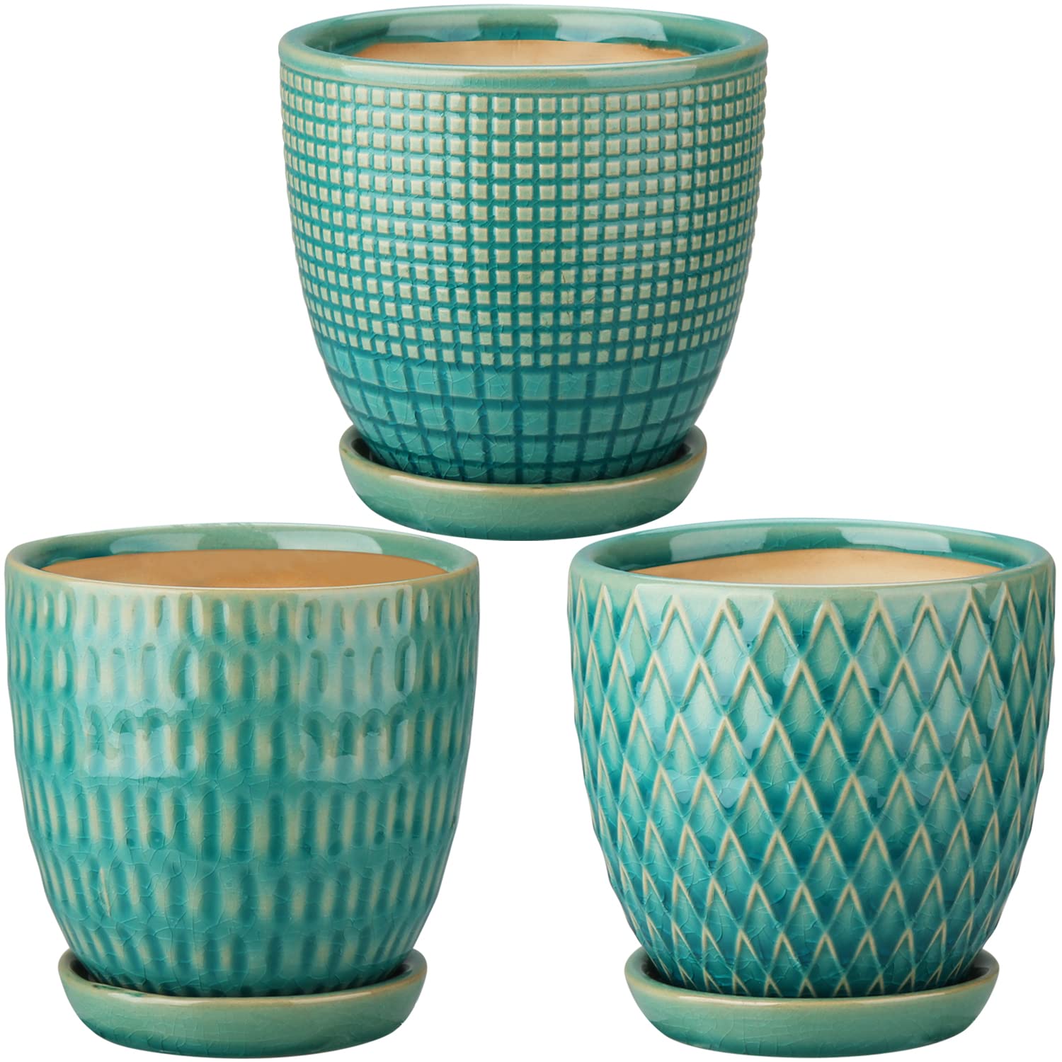 Oairse front view of three ceramic planters showing modern shape and decor appeal