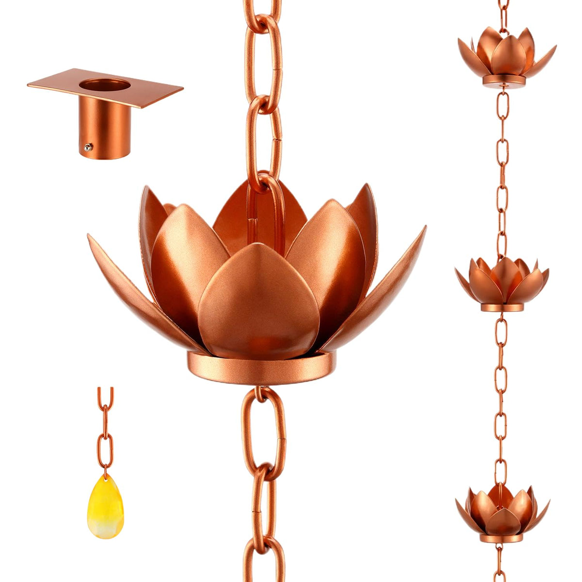 Oak Leaf front view installed showing decorative chain and controlled water flow