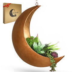 Oakadoaks gold hanging moon planter front view showcasing crescent shape and charm