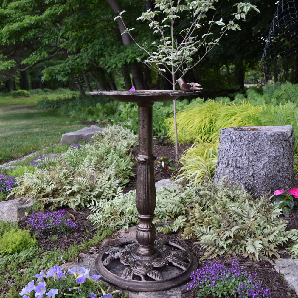 Oakland Living bird bath in garden setting showing how it enhances landscape
