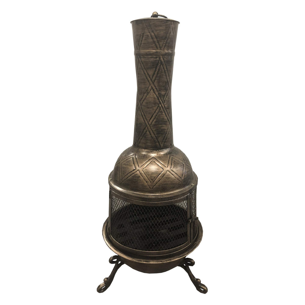 Oakland Living chimenea front view showing bronze finish and full assembly benefit