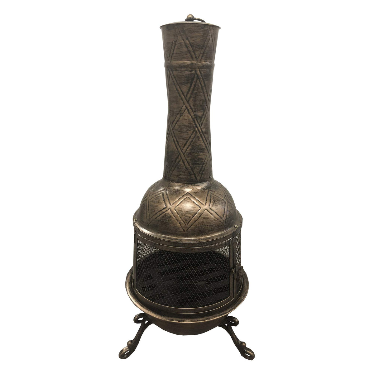 Oakland Living chimenea front view showing bronze finish and full assembly benefit