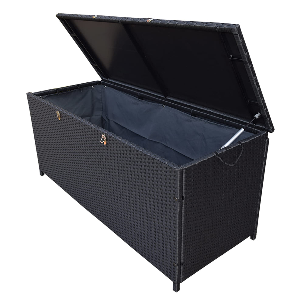 Oakland Living front view black wicker storage box showing contemporary design and extra seating benefit