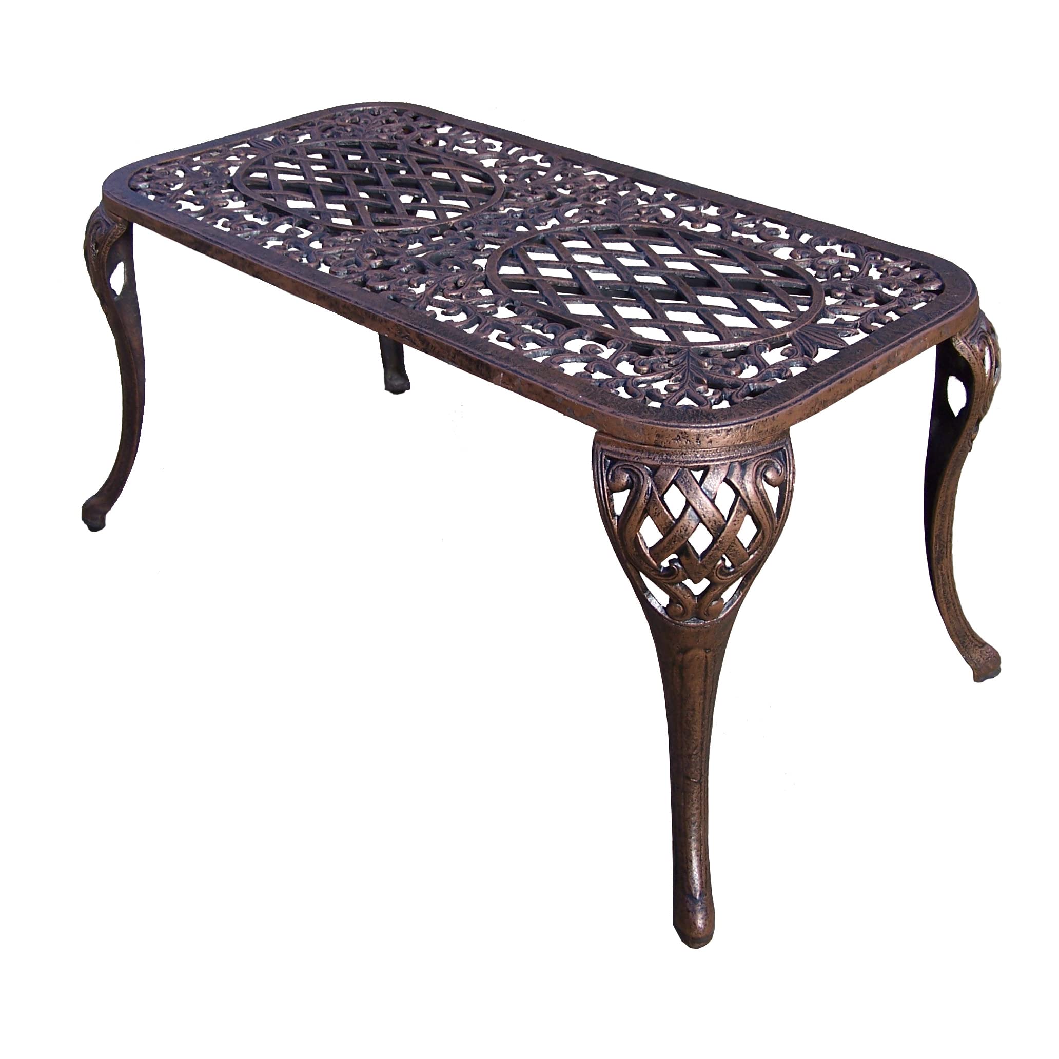 Oakland Living front view of antique bronze cocktail table showing durable design and outdoor elegance