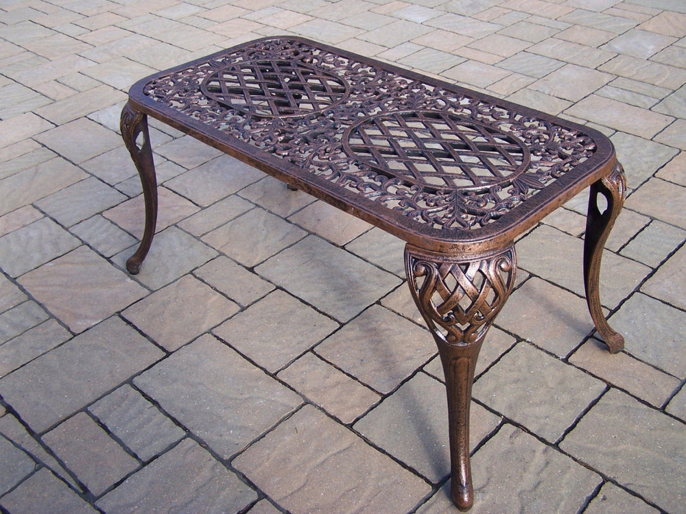Oakland Living cocktail table in patio scene displaying usable surface and styled outdoor living