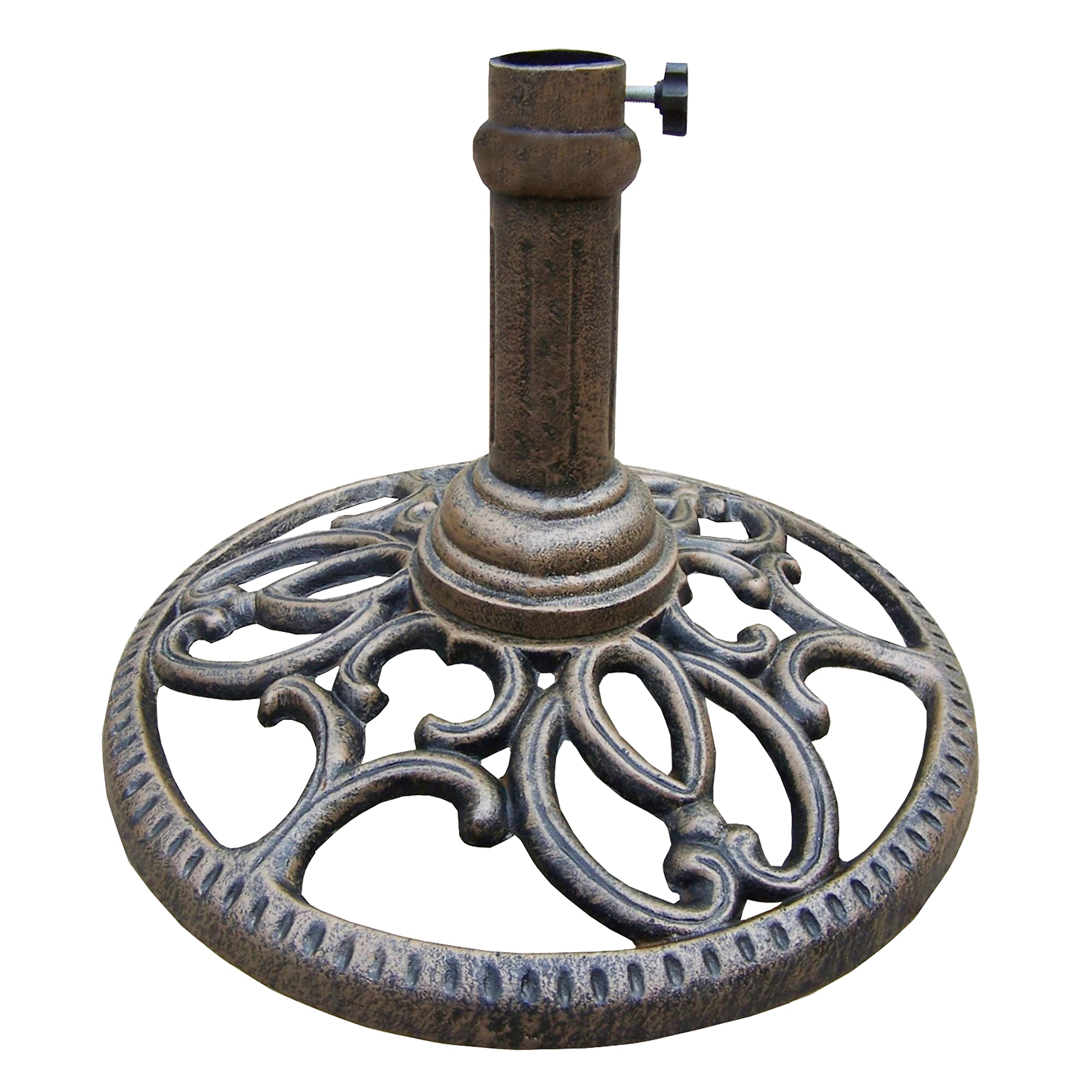 Oakland Living umbrella stand front view showing antique bronze finish and stable base
