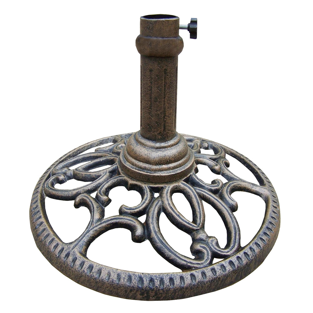 Oakland Living umbrella stand front view showing antique bronze finish and stable base