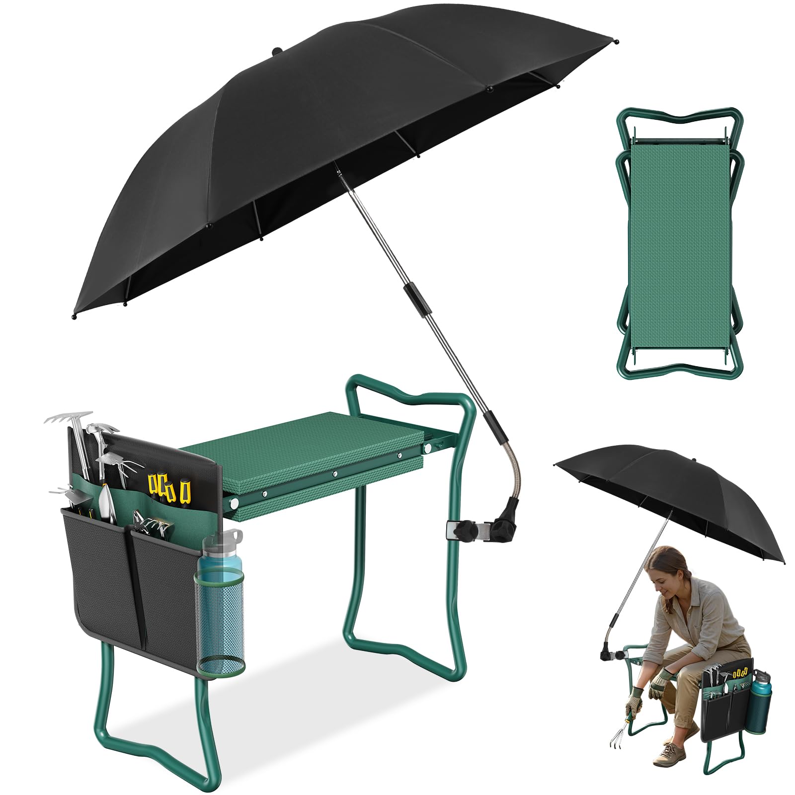 OAOA innovation front view showing stool with umbrella and organized storage benefit