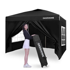 OASISHOME front view of 10x10 pop-up gazebo showing full shelter and shade benefit