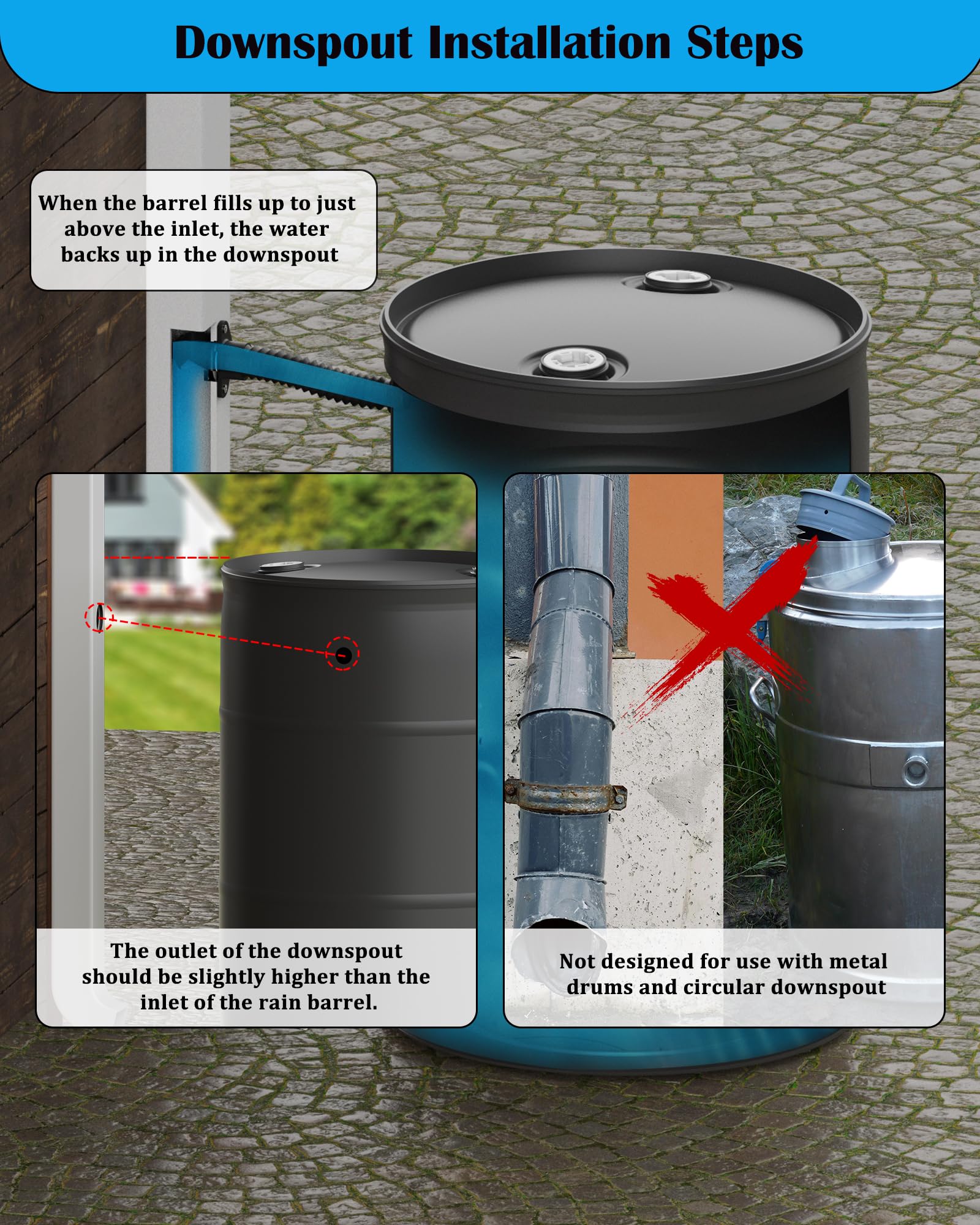 OAYAYONI hose entering plastic rain barrel illustrating efficient rainwater capture