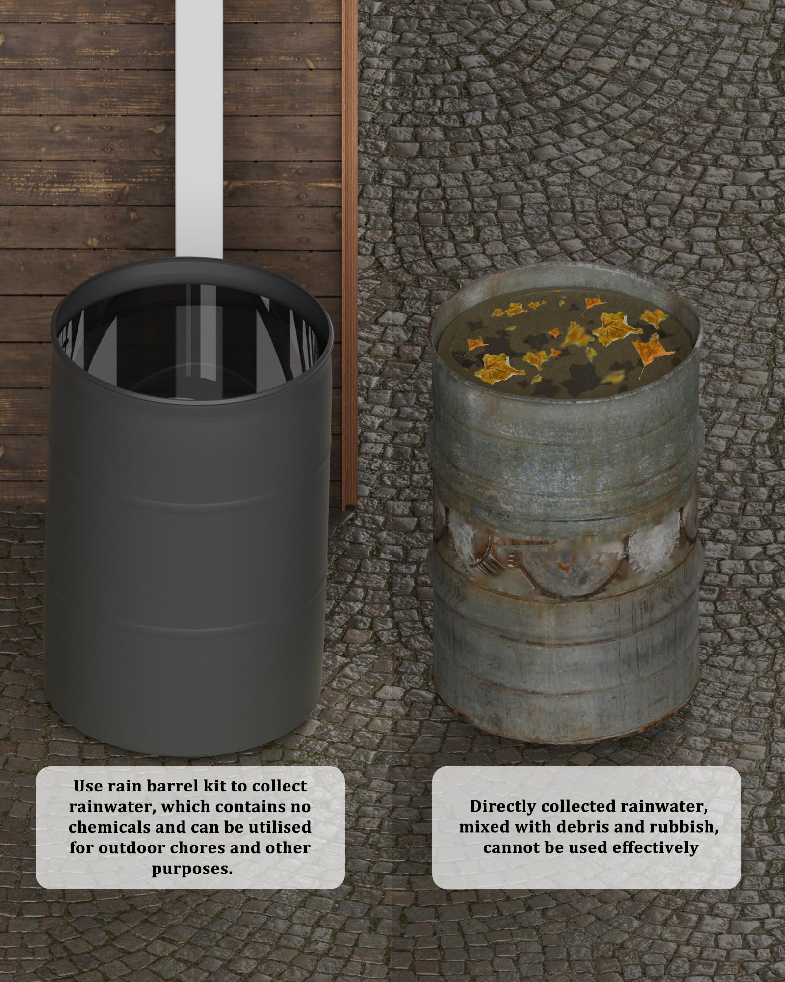 OAYAYONI diverter beside barrel for scale showing compact size and space-saving benefit