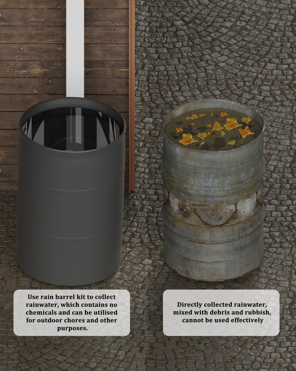 OAYAYONI diverter beside barrel for scale showing compact size and space-saving benefit