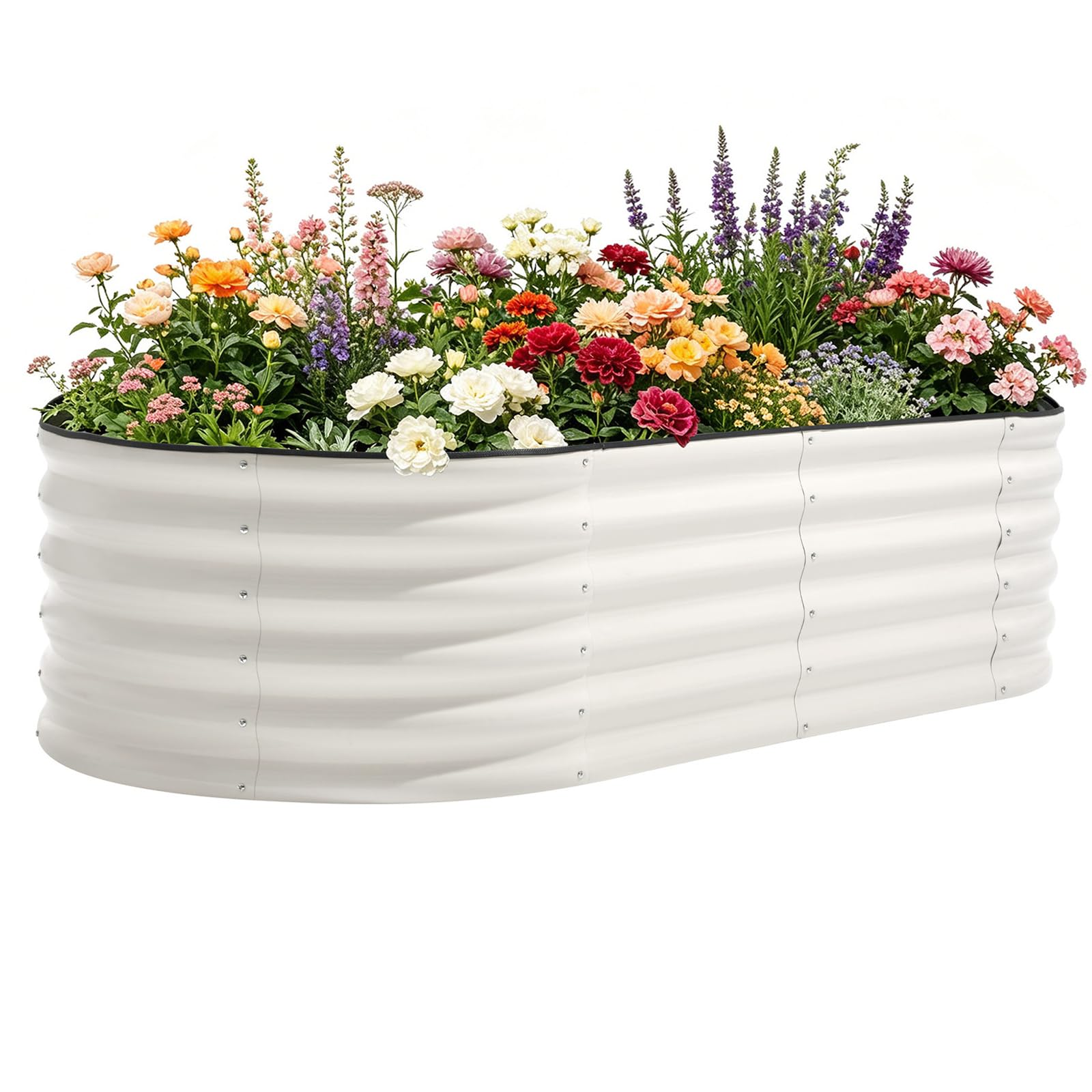 OBENSKY oval front view showing white galvanized planter and neat planting area benefit