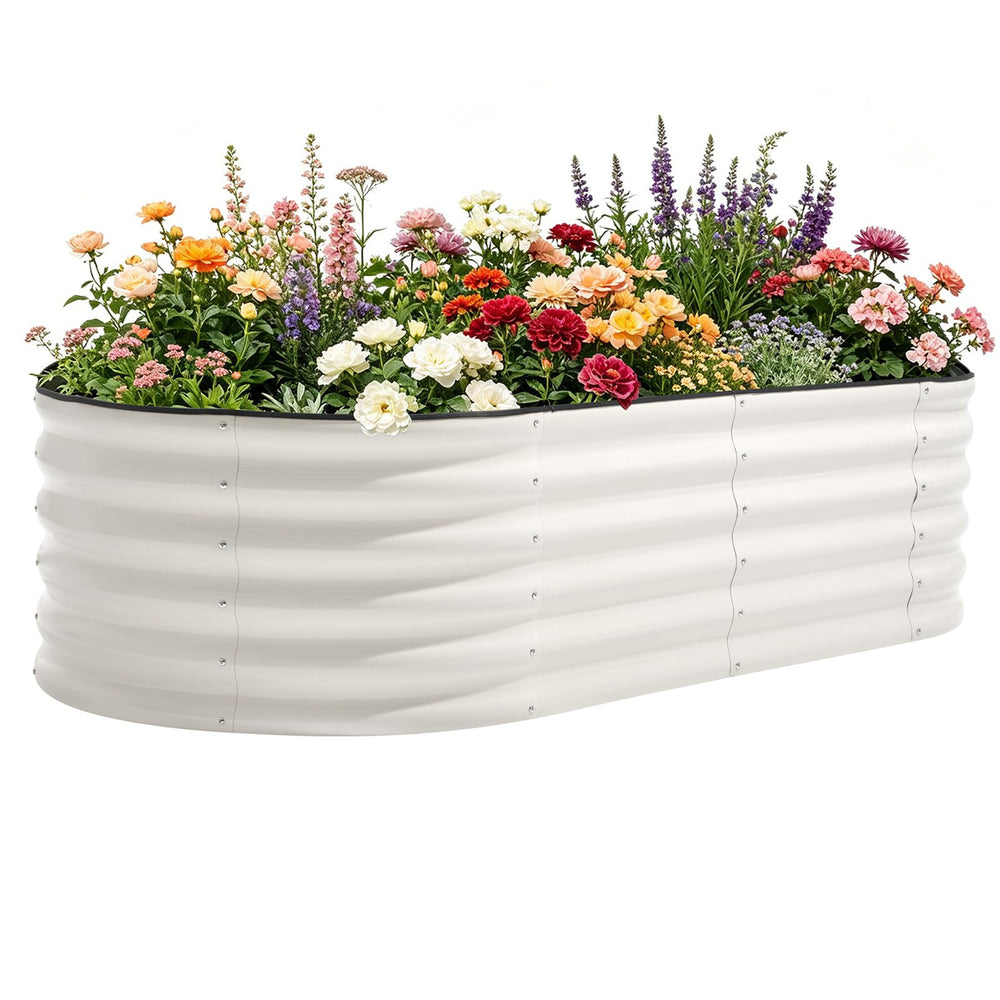 OBENSKY oval front view showing white galvanized planter and neat planting area benefit