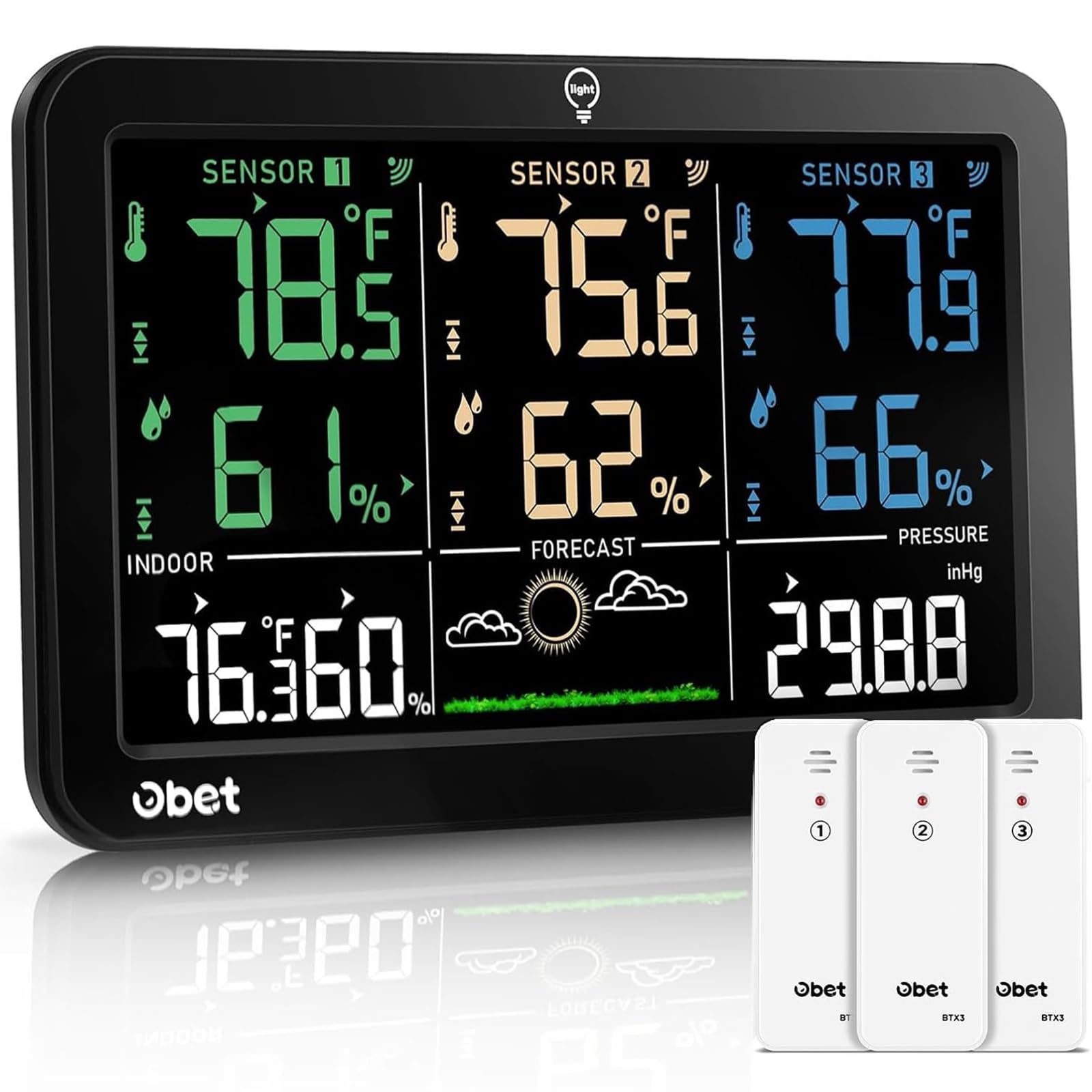 OBET console front color display showing temp and humidity for quick monitoring