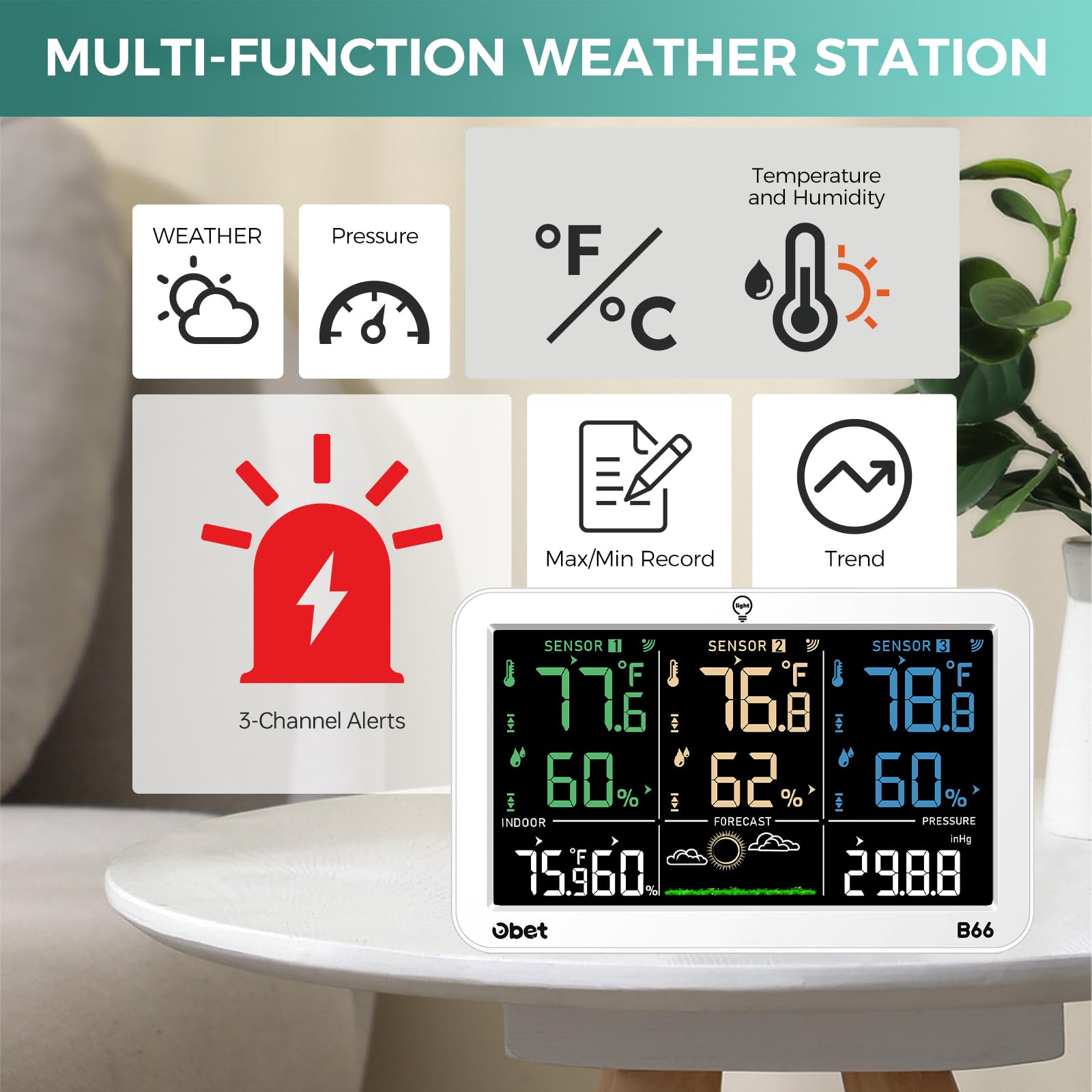 OBET display in kitchen setting showing indoor/outdoor temps and helpful trend info