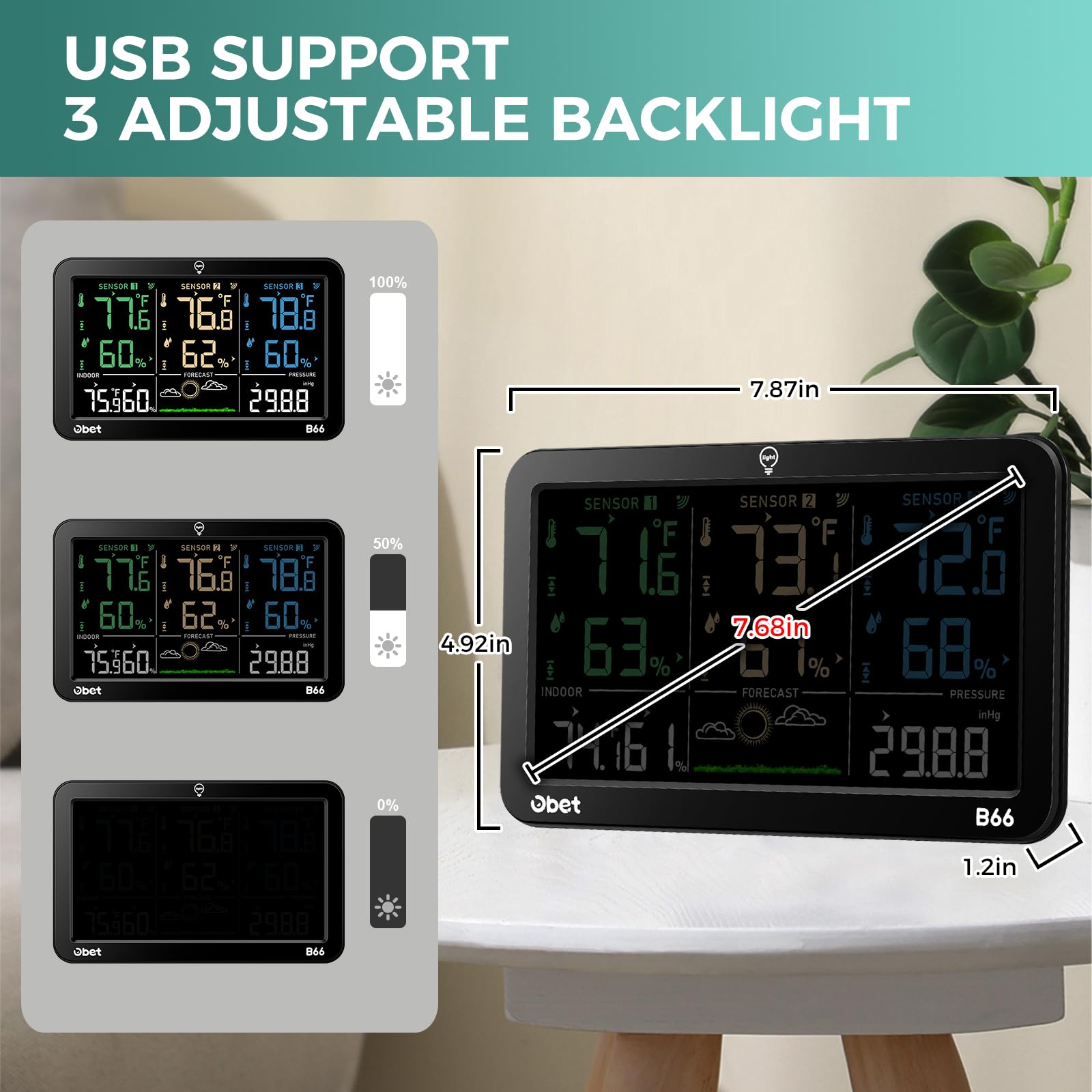 OBET display glowing backlight at night for easy low-light readability