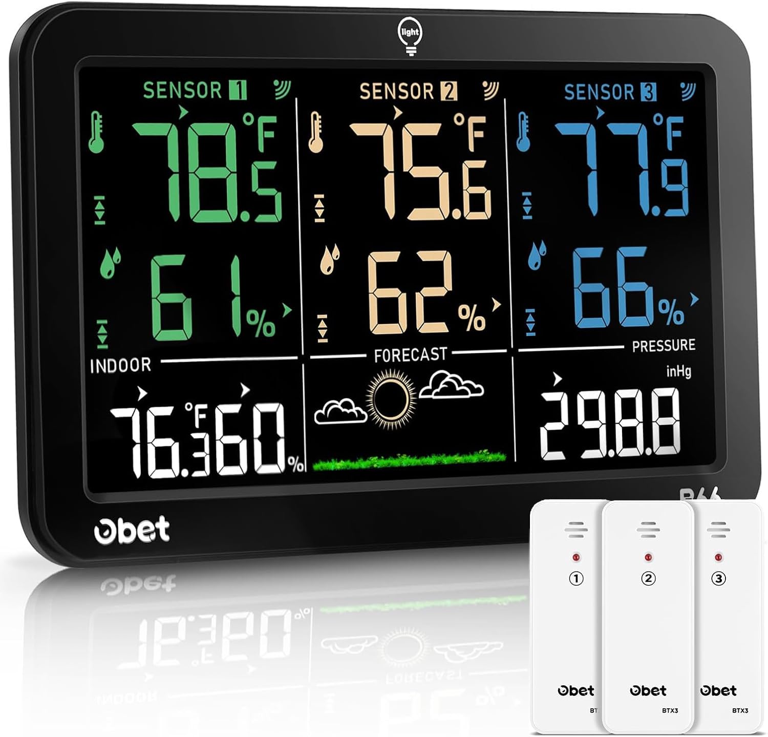 OBET weather station on a porch overlooking garden for all-weather tracking