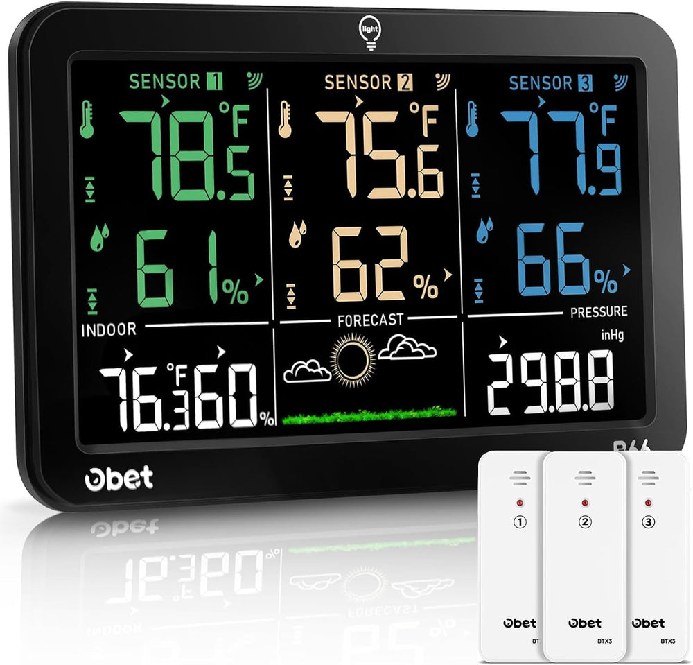 OBET weather station on a porch overlooking garden for all-weather tracking