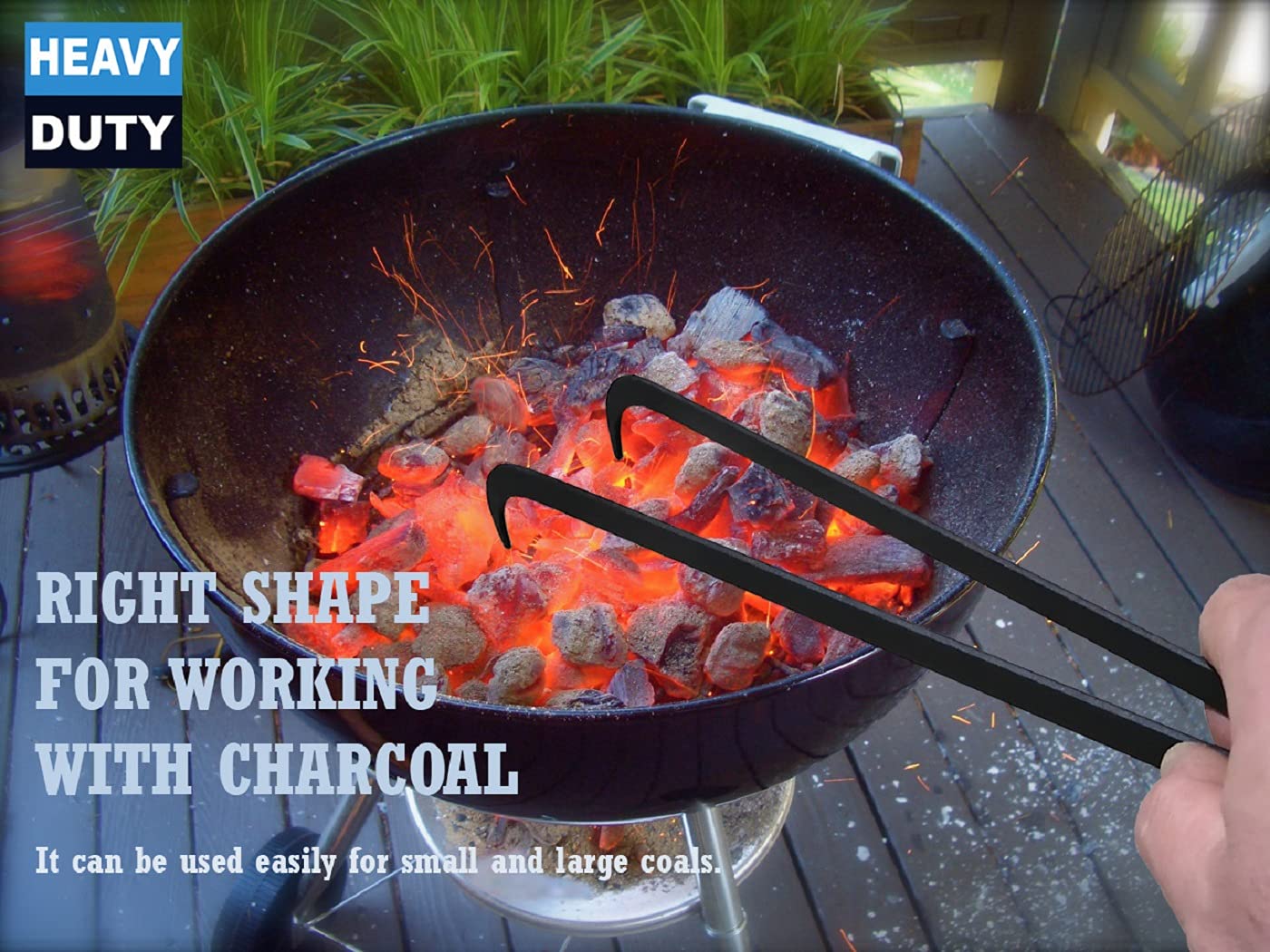 OC TRADE full-length charcoal tongs laid out to show safe reach advantage