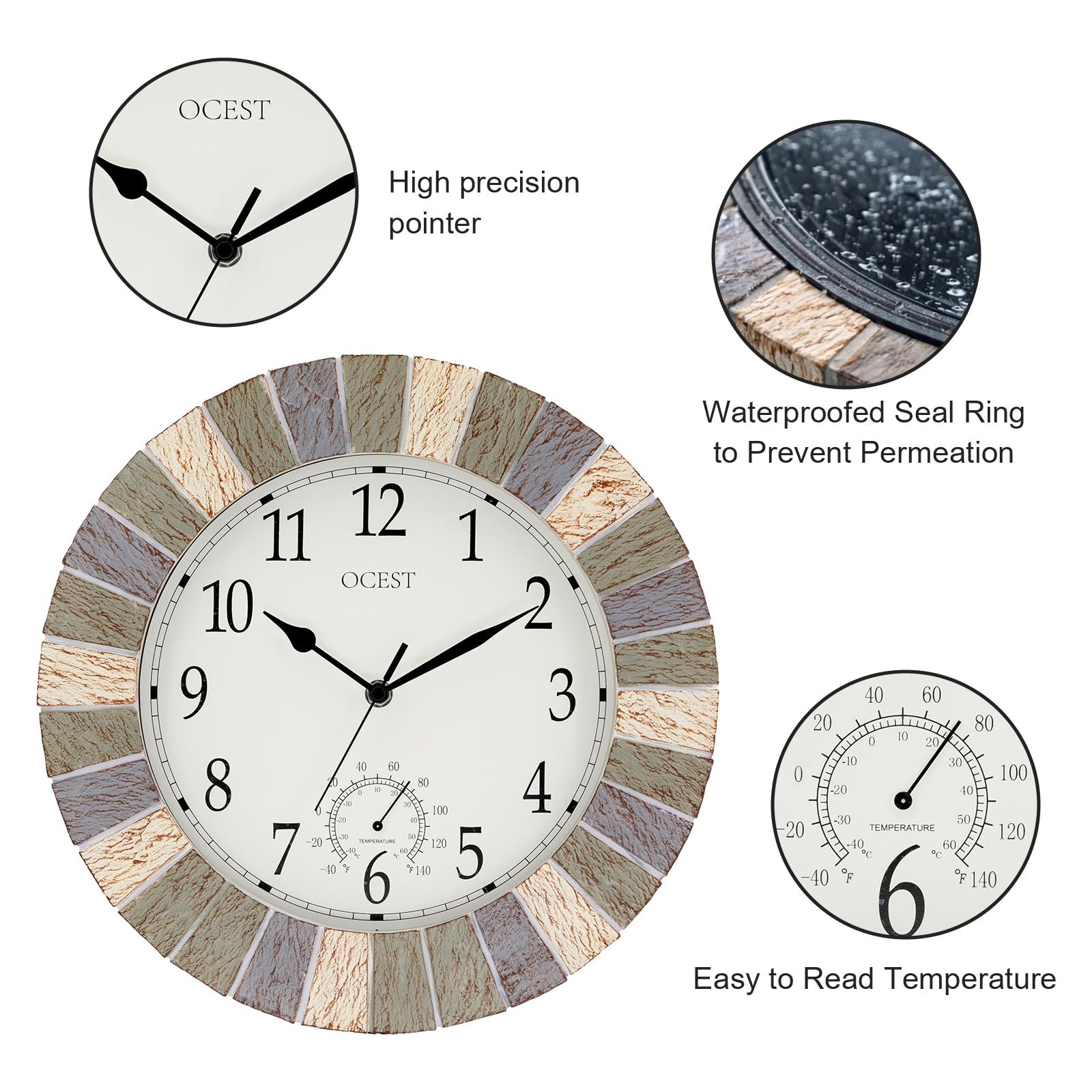 OCEST clock mounted on patio illustrating outdoor use and weather resistance