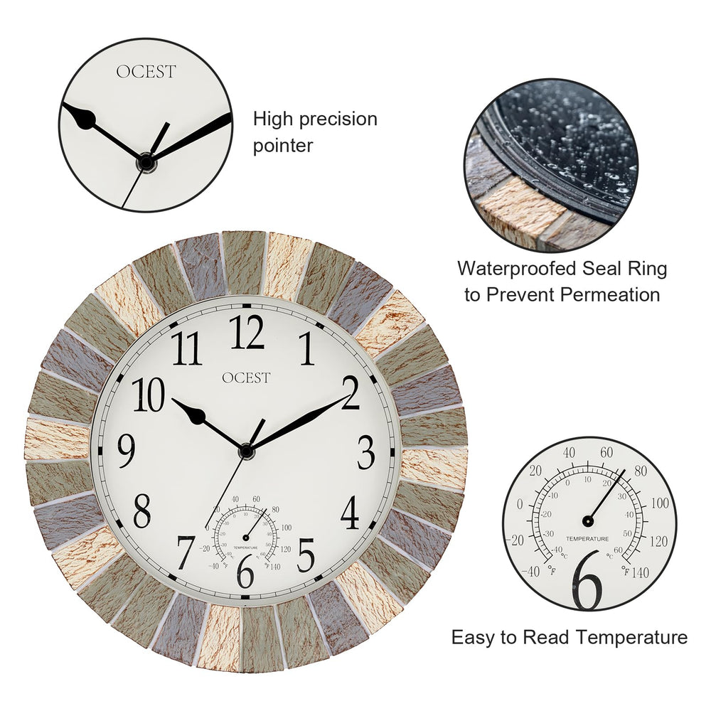 OCEST clock mounted on patio illustrating outdoor use and weather resistance