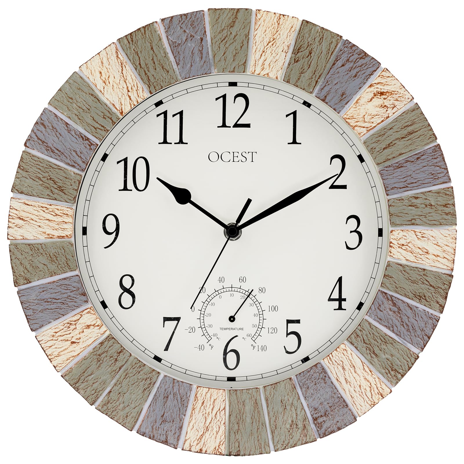 OCEST front view of 13-inch waterproof clock showing clear numerals and hands for easy reading