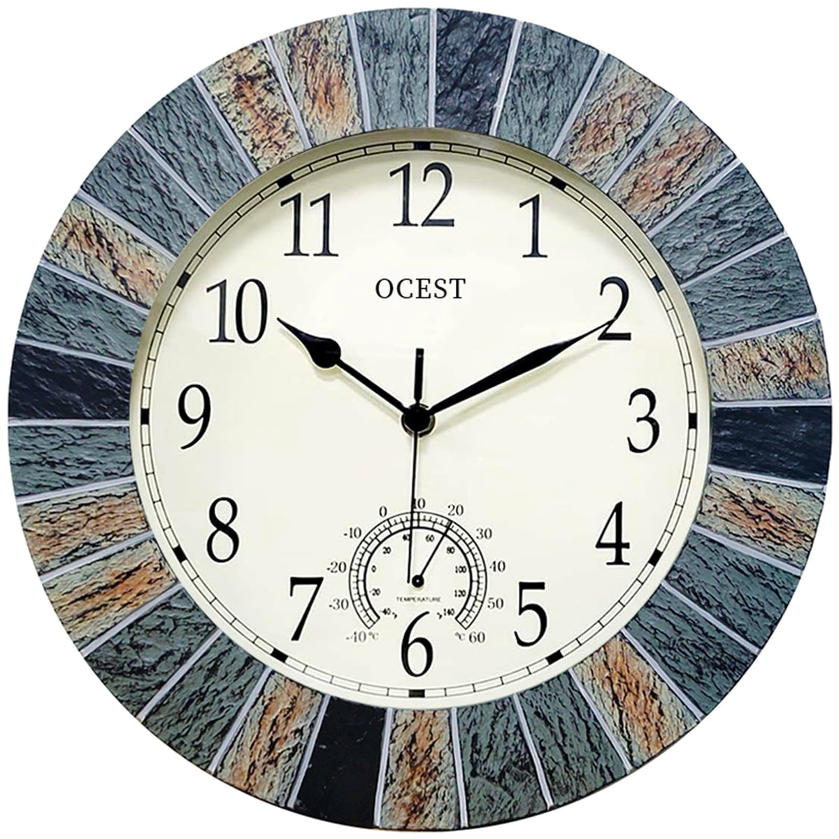 OCEST front view clock showing clear numerals and quiet quartz benefit