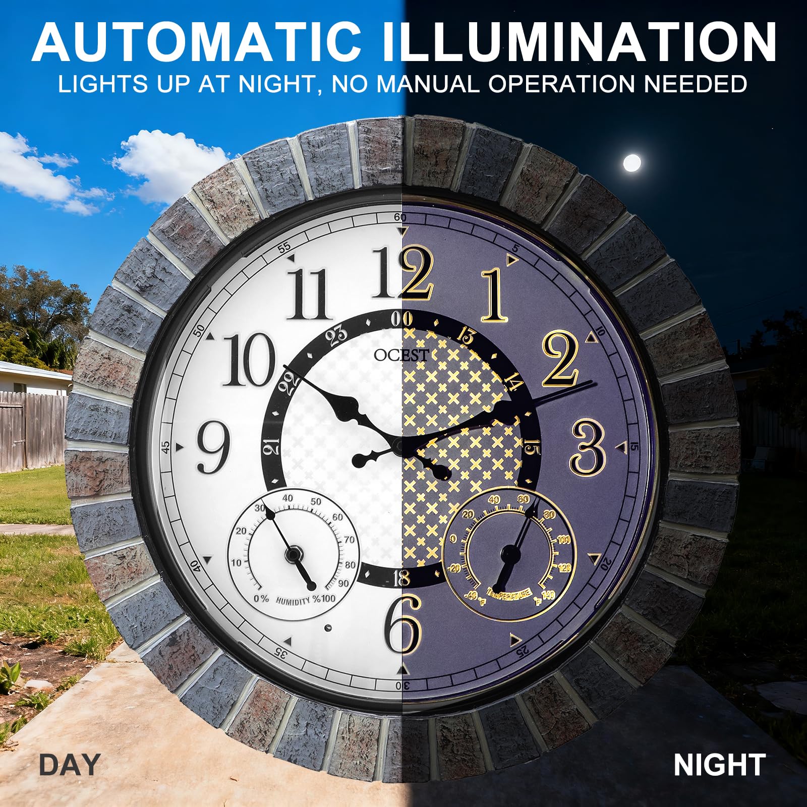 OCEST illuminated clock face at dusk providing soft night light for patio safety