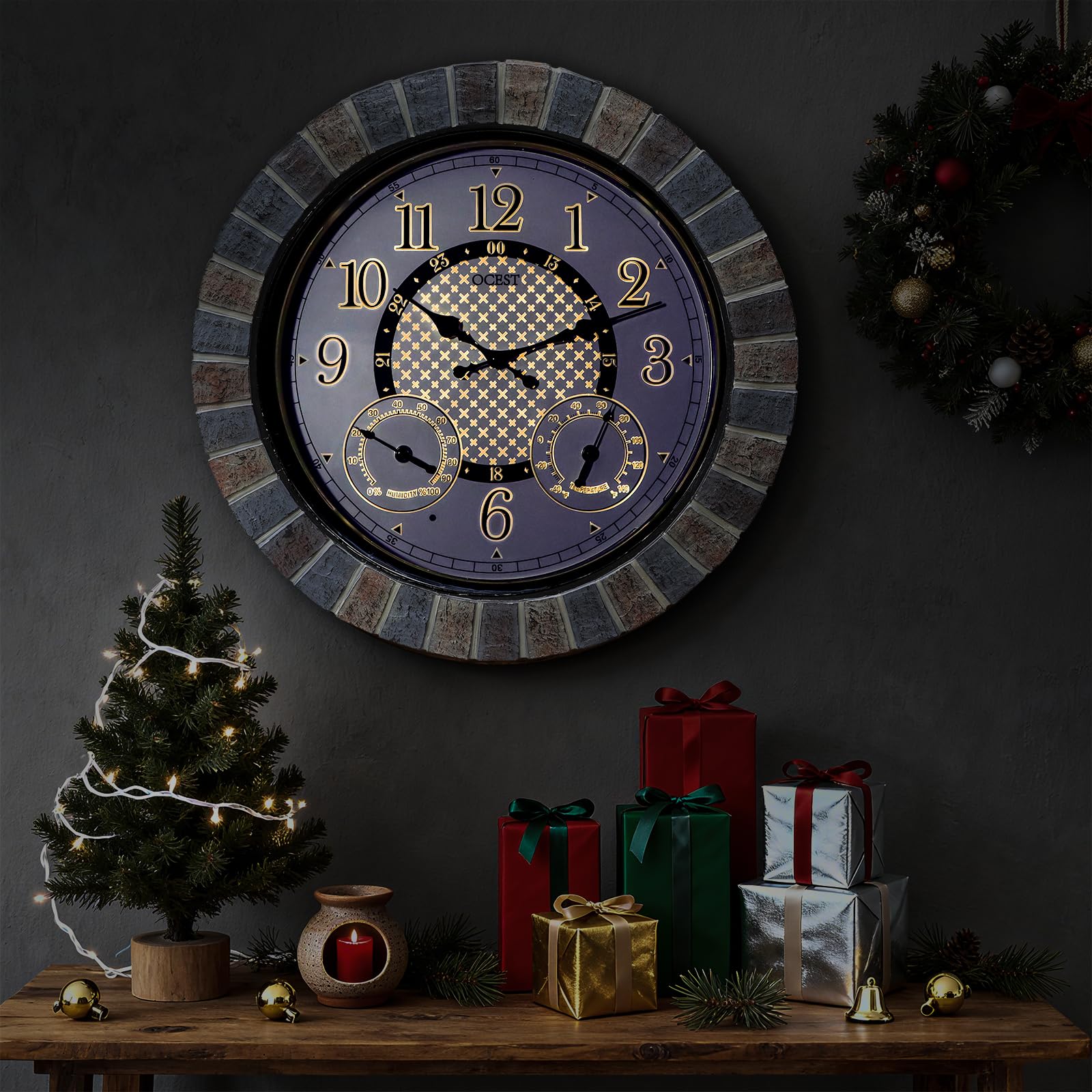 OCEST clock beside chair for size comparison to visualize 18-inch scale