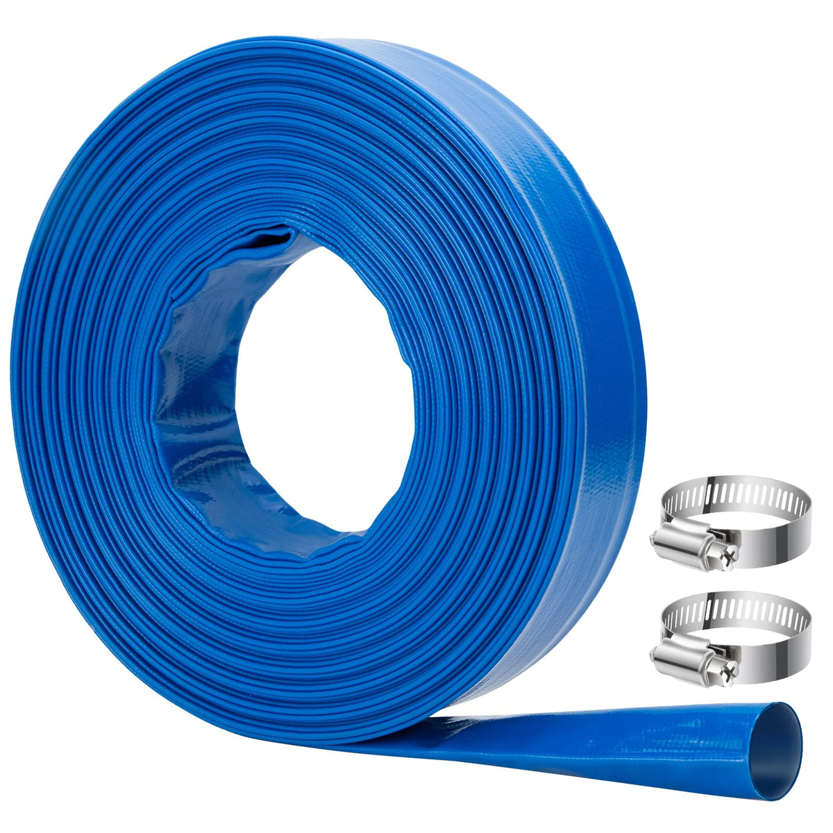 OCGIG front view of 1-1/2" x 100ft hose showing durable PVC construction and length benefit