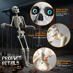 Oddwaxs skeleton in yard display with glowing eyes for nighttime effect