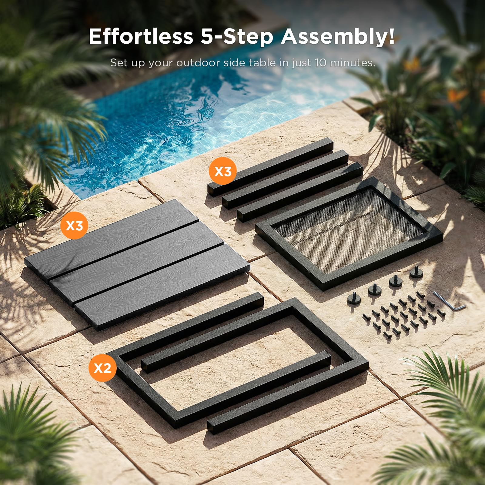 ODK table next to hot tub illustrating easy access to drinks and accessories