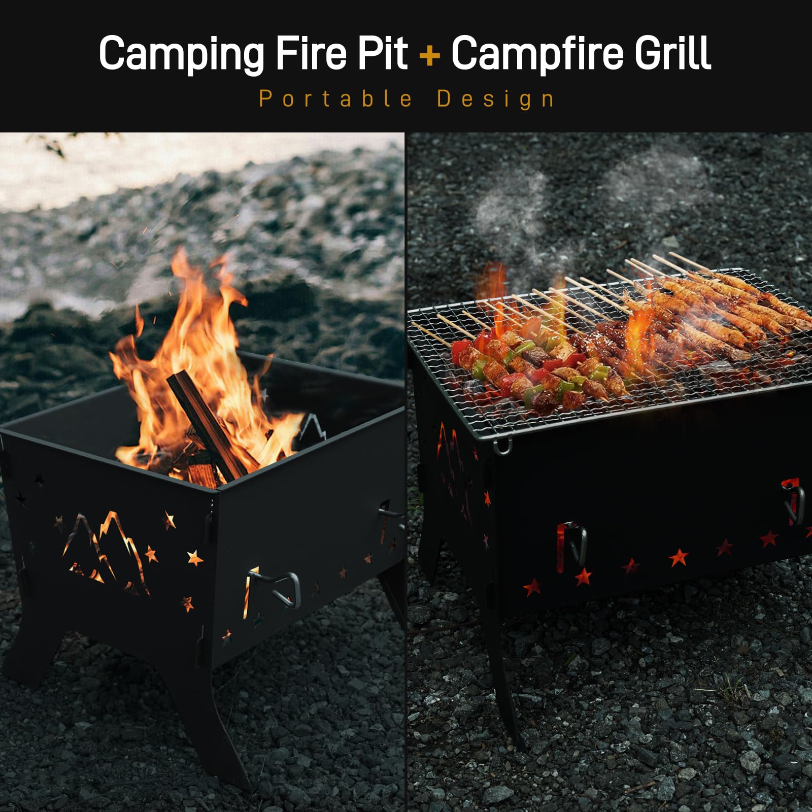 Odoland grill at campsite with pot and skewers showing portable outdoor cooking
