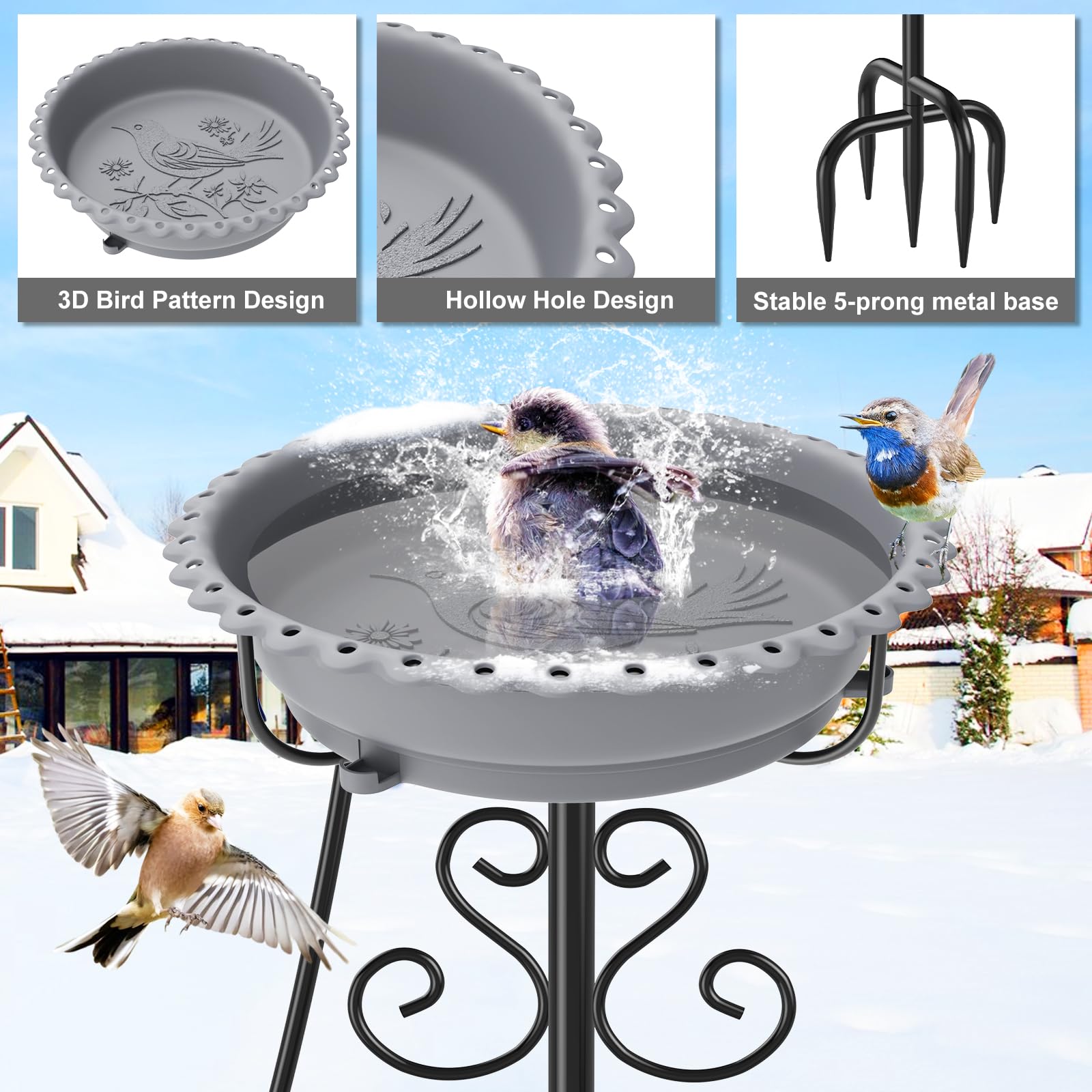 ODSNANIE heated bird bath in use with visiting birds, encourages backyard wildlife