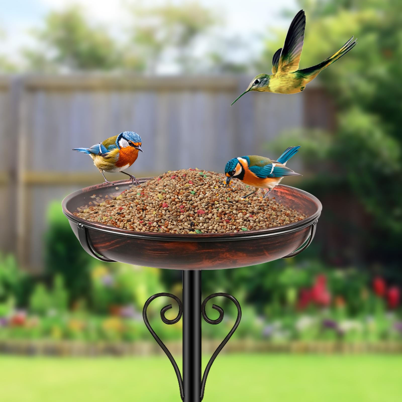 ODSNANIE small bird bathing safely in shallow bowl encouraging visitors