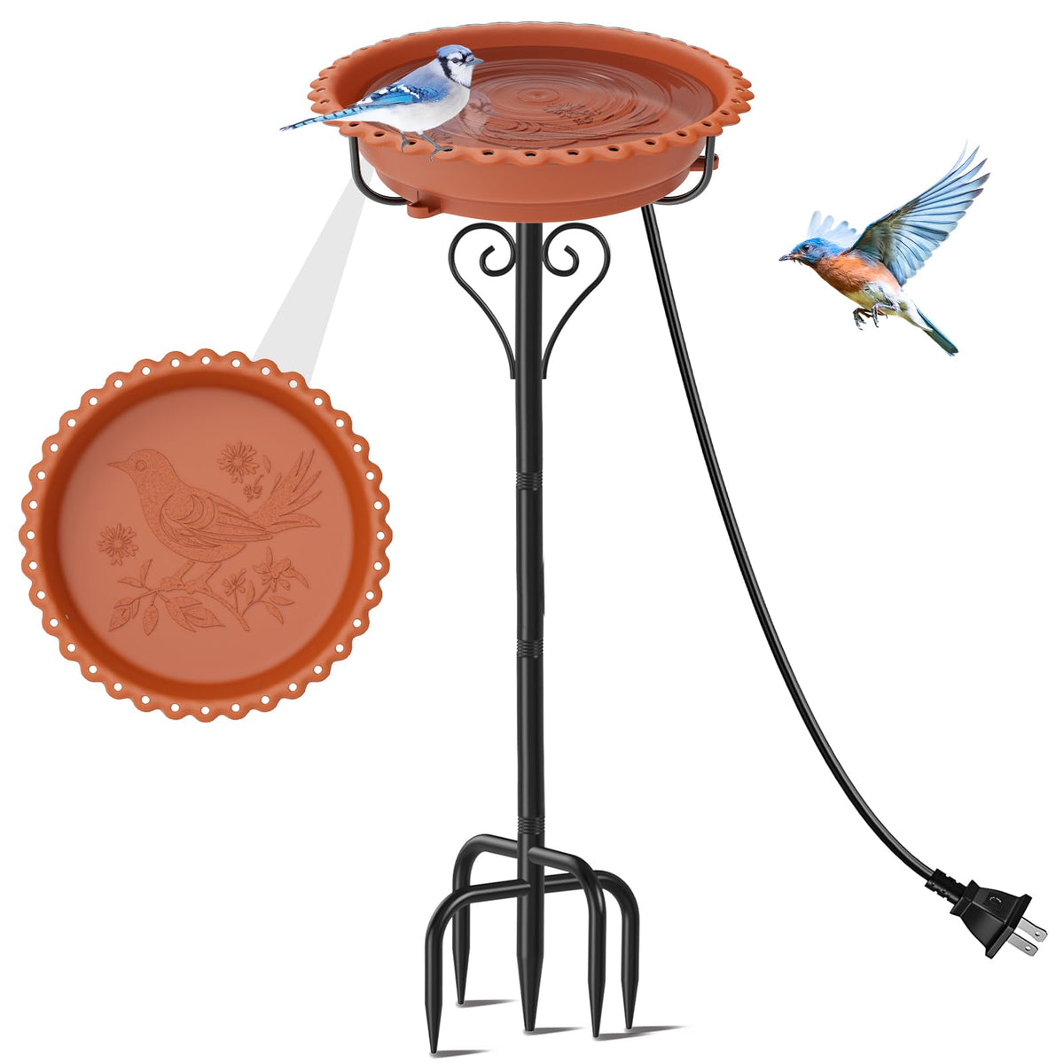 ODSNANIE front view brown bird bath shows full freestanding design and durable finish