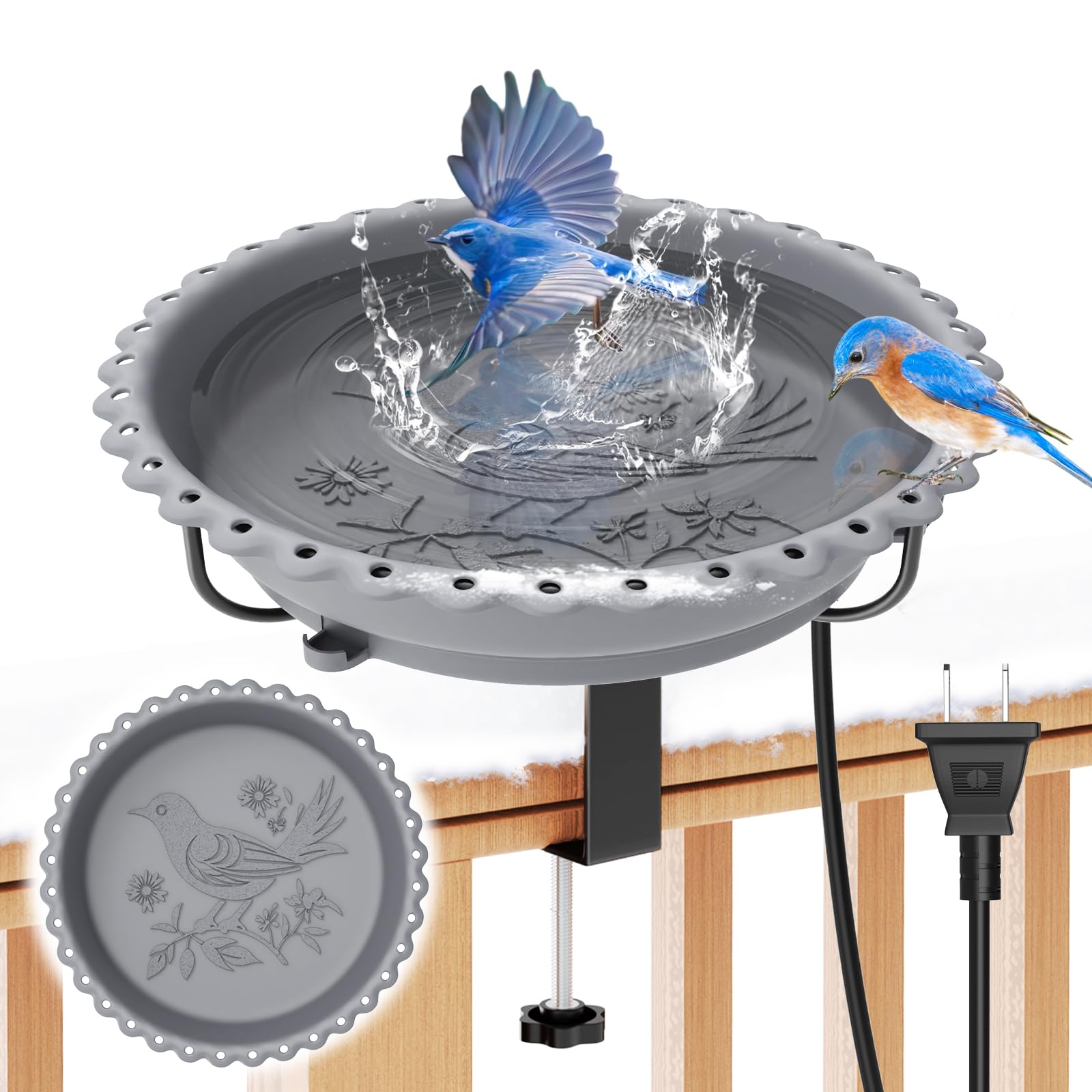 ODSNANIE front view of heated bird bath showing stable bowl and rail setup benefit