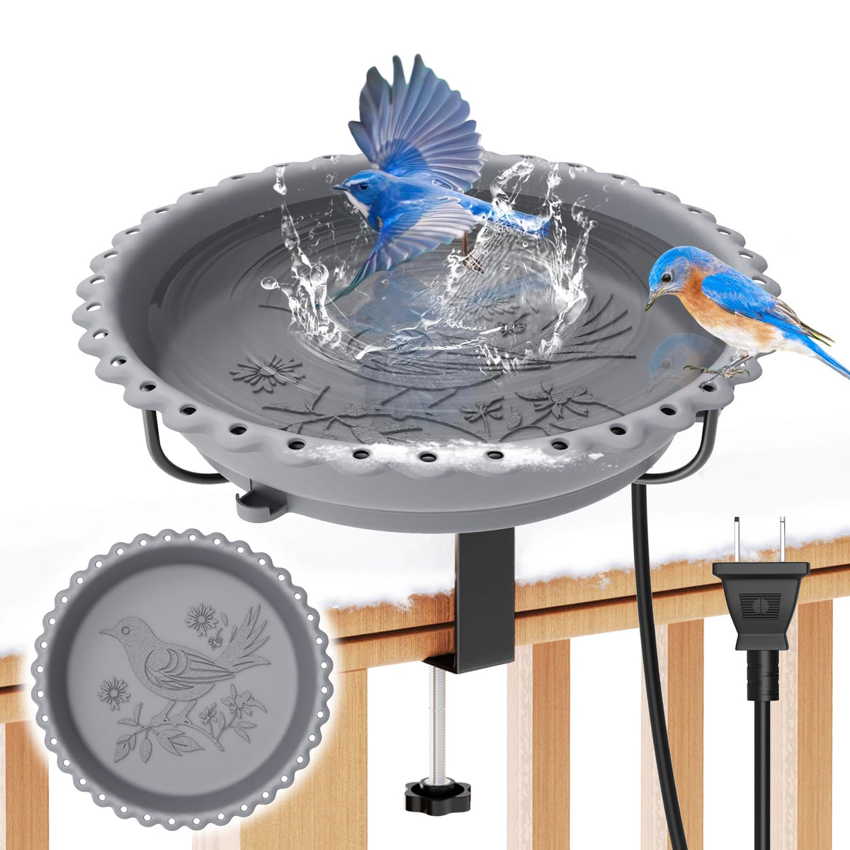 ODSNANIE front view of heated bird bath showing stable bowl and rail setup benefit