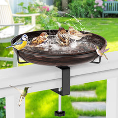 ODSNANIE front view of deck-mounted bird bath showing secure clamp and bowl benefit: sturdy outdoor water source