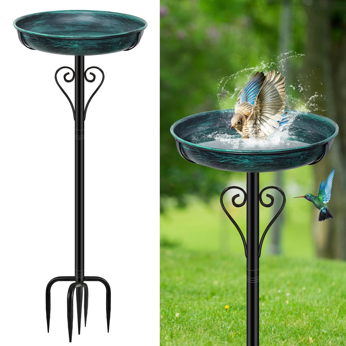 ODSNANIE front view of vintage green bird bath showing decorative shape and stability