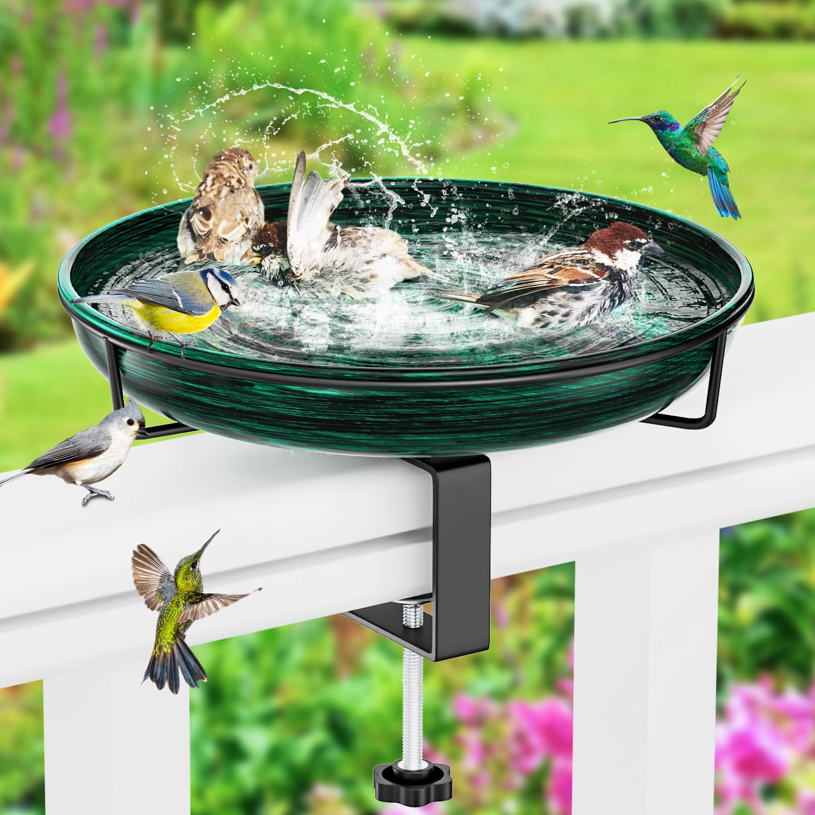 ODSNANIE front view of vintage green bird bath showcasing design and visibility
